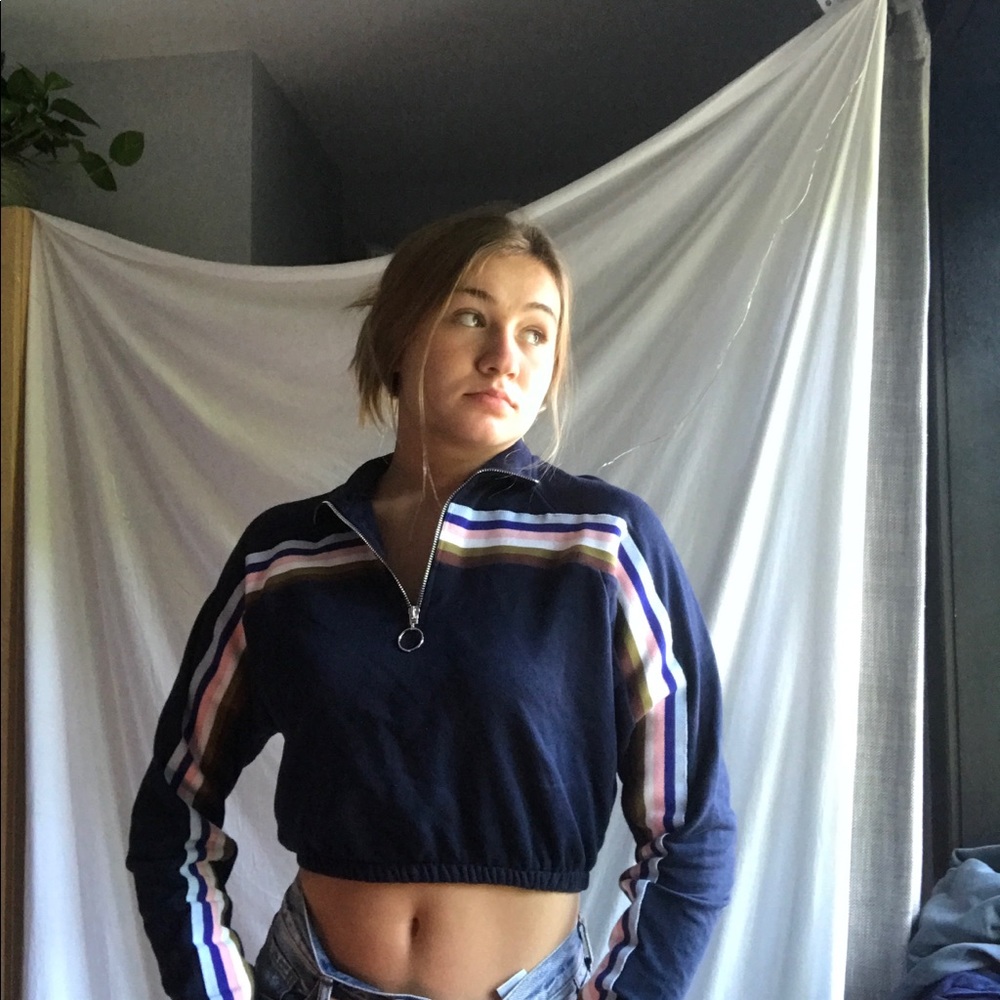 UO Navy Blue Cropped Zip Up Crewneck